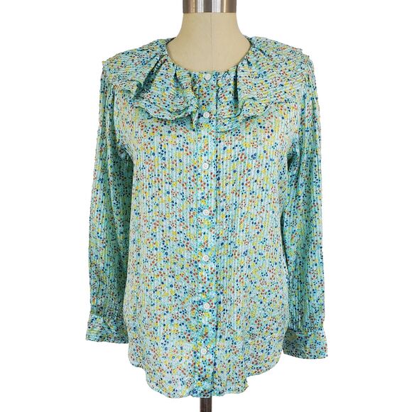 J.Crew Floral Ruffle Top Longsleeve Button Up S Cottagecore Preppy Coquette - Picture 1 of 11